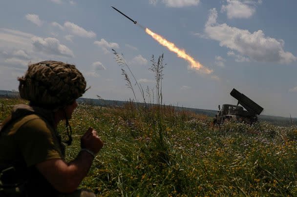 PHOTO: Ukrainian servicemen of the 47th Magura Separate Mechanised Brigade fire a BM-21 Grad multiple launch rocket system towards Russian troops near a front line, in Zaporizhzhia region, Ukraine, June 25, 2023. (Serhii Nuzhnenko/Radio Liberty via Reuters)