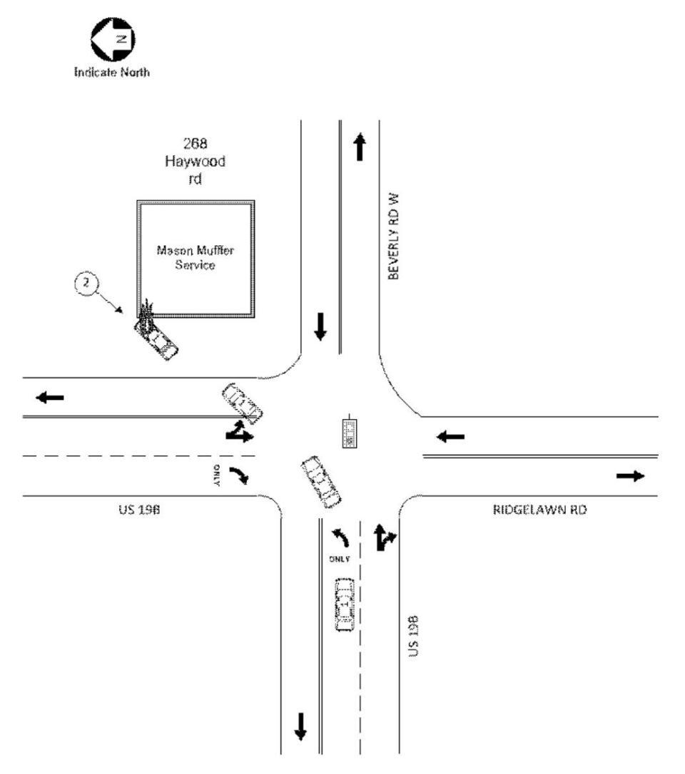 A diagram depicts the fatal West Asheville accident on Feb. 12, 2023, that caught on fire and left Teri Hughes with injuries leading to her death.