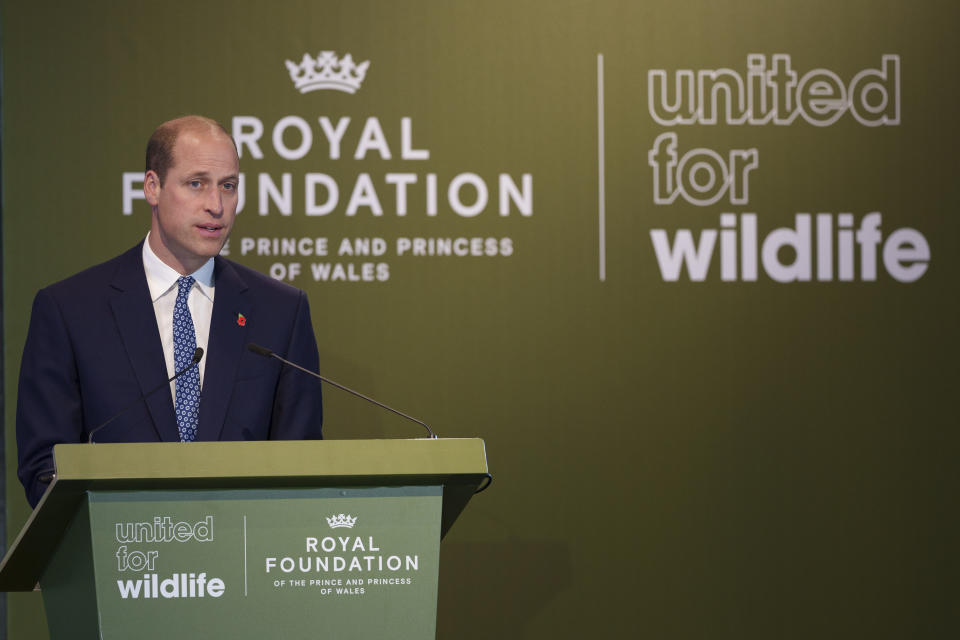 Britain's Prince William, speaks during the United for Wildlife Global Summit in Singapore, Monday, Nov. 6, 2023. (AP Photo/Vincent Thian)