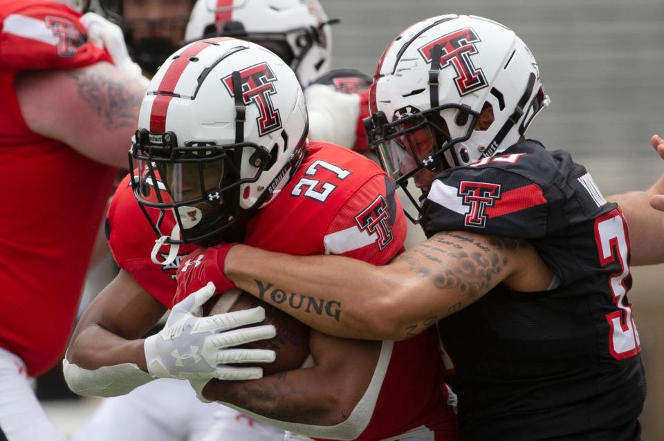 Texas Tech running back Cam'Ron Valdez (27) came out of spring third team at running back behind junior Tahj Brooks and fifth-year senior  SaRodorick Thompson.