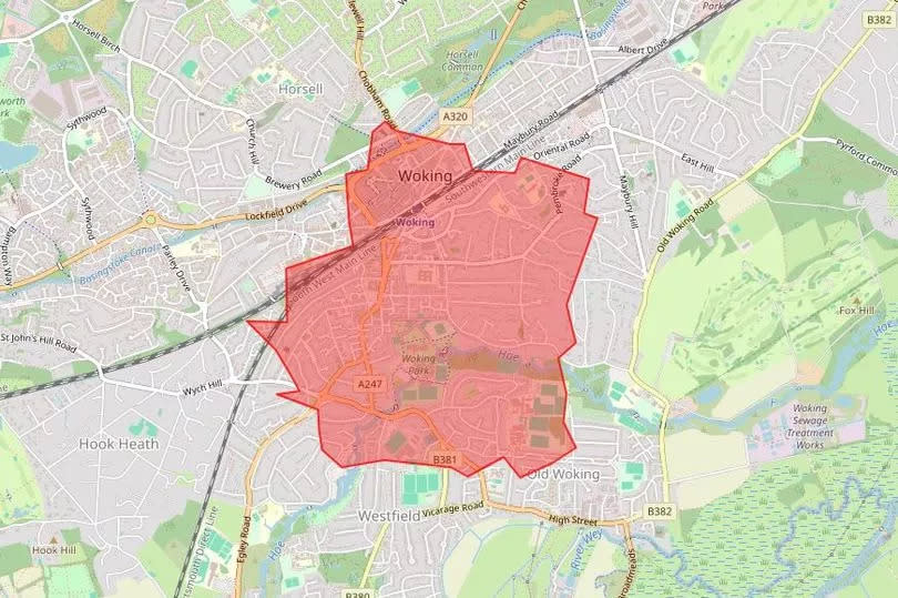 The size of the Glastonbury Festival site compared to Woking -Credit:OpenStreetMap / Geoffrey Prytherch