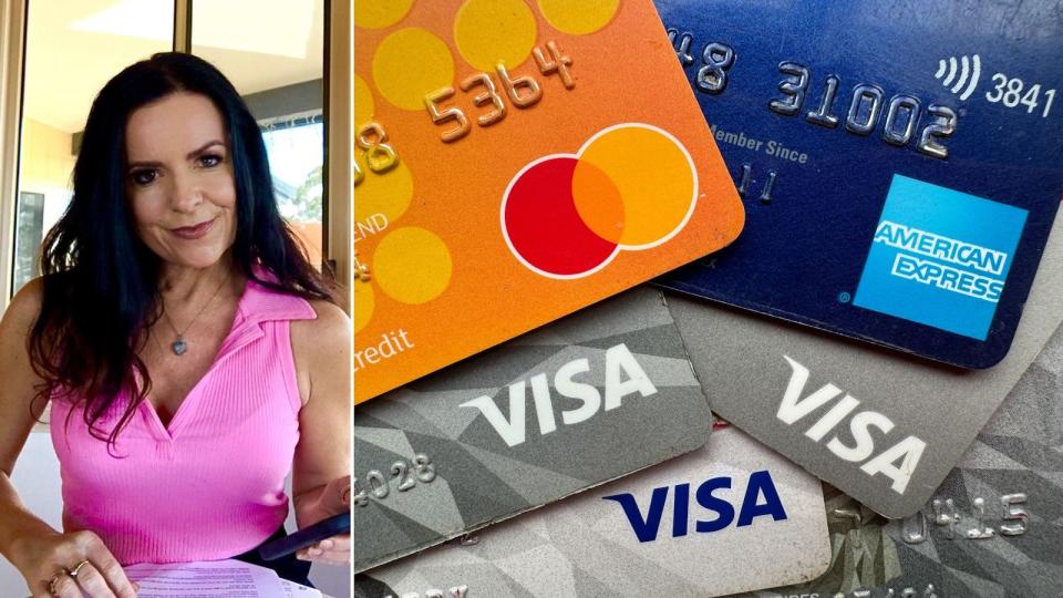Compilation image of Nicole Pedersen-McKinnon and a pile of credit cards