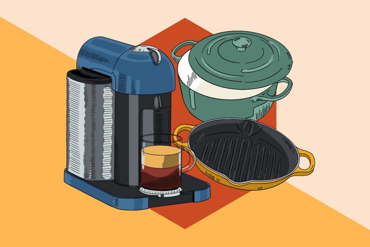 illustration of a Nespresso, pot, and pan