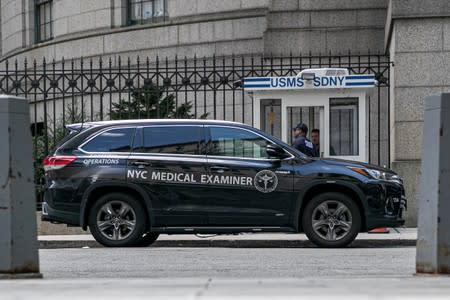 FILE PHOTO: A medical examiner vehicle is seen Metropolitan Correctional Center jail where financier Jeffrey Epstein, who was found dead in the Manhattan borough of New York City