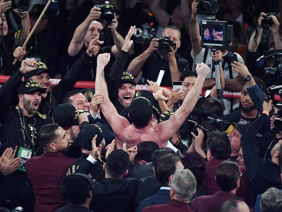 Canelo Alvarez celebrates his majority decision win over Gennady Golovkin Saturday at T-Mobile Arena in Las Vegas. (Getty Images)