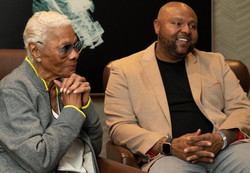 Dionne Warwick with her son and producer Damion Elliott discuss Warwick’s new duet with Dolly Parton, “Peace Like a River” Monday, Feb. 6, 2023, in Nashville, Tenn. At 82, Warwick is an executive producer of the HITS! The Musical” touring show with her son, Damon Elliott, that has several Florida dates in April 2023. She’s reaching multi generations with her social media presence on Twitter and Instagram.