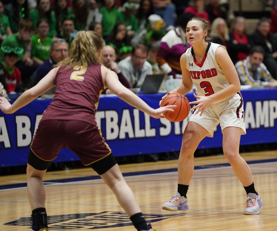 Oxford takes on Notre Dame in the girls Class D state semifinal game at Hudson Valley Community College in Troy, on Saturday, March 18, 2023.