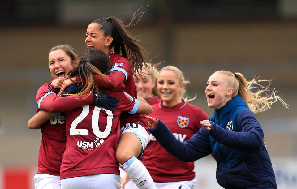 Cho So-Hyun of West Ham Ladies celebrates winning the penalty shoot out with Jane Ross and Rosie Kmita of West Ham Ladies during the Women's FA Cup Semi Final match between Reading Women and West Ham United Ladies 