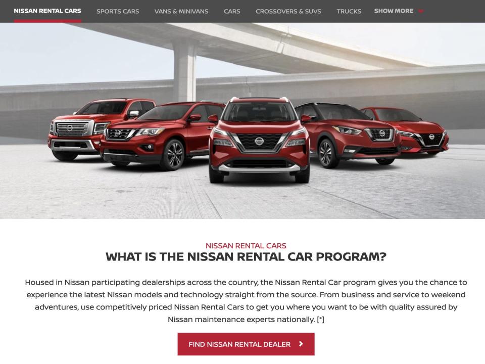 Screen shot of Nissan car rental program