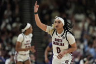 South Carolina guard Te-Hina Paopao celebrates after scoring against LSU during the first half of an NCAA college basketball game at the Southeastern Conference women's tournament final Sunday, March 10, 2024, in Greenville, S.C. (AP Photo/Chris Carlson)