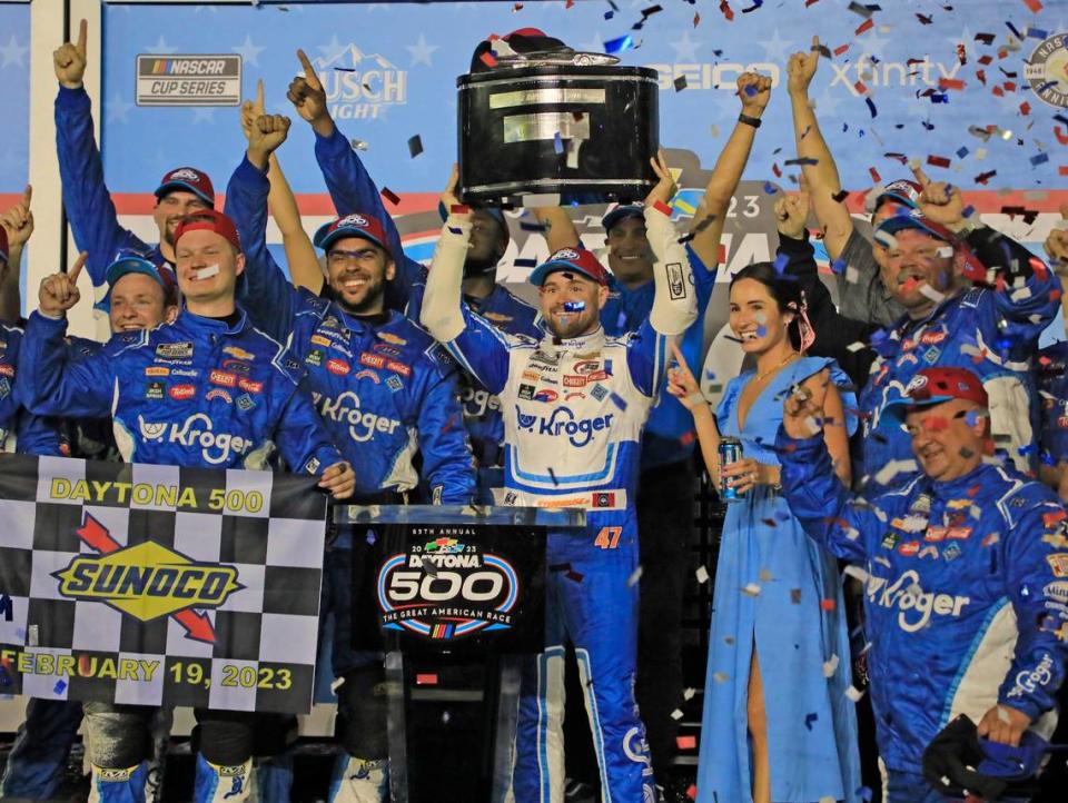 Ricky Stenhouse and his crew celebrate with the No. 47 Chevy Camaro after winning the 65th Daytona 500 on Sunday. Winner