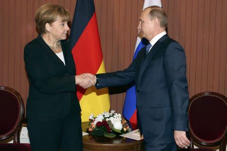 Russian President Vladimir Putin meets with German Chancellor Angela Merkel in Deauville, Northern France June 6, 2014. REUTERS/Sergei Karpukhin