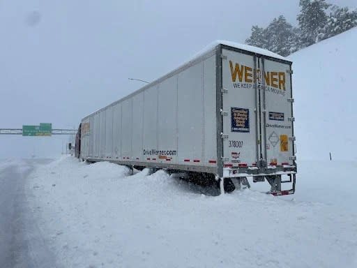 Semi stuck on eastbound I-70 at Evergreen Parkway exit
