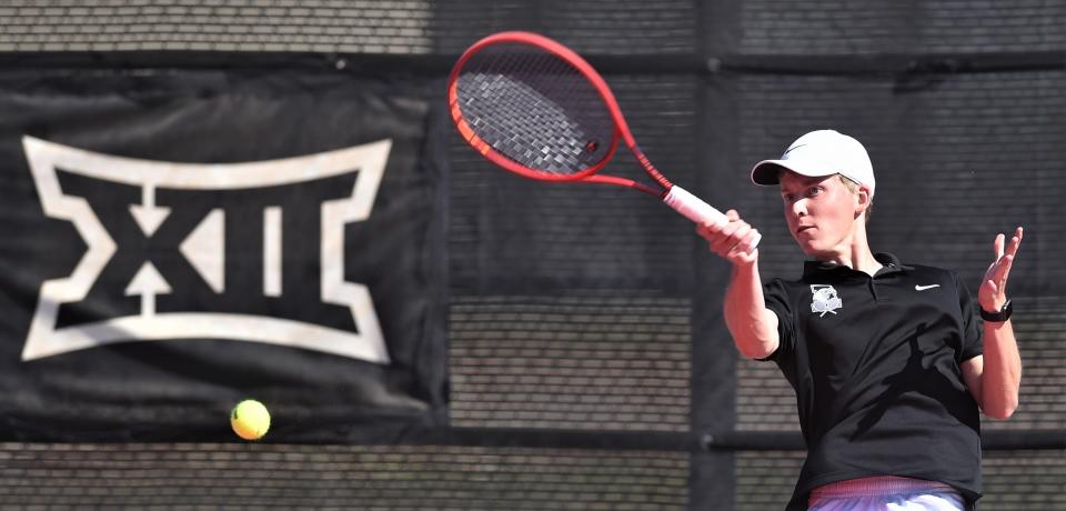 Abilene High's Griffin Sullivan returns a shot against Wylie's Brandon Cowling in a boys singles playback match at the Region I-5A tournament April 11 in Lubbock. Sullivan won 6-3, 6-3 to earn his first state berth.