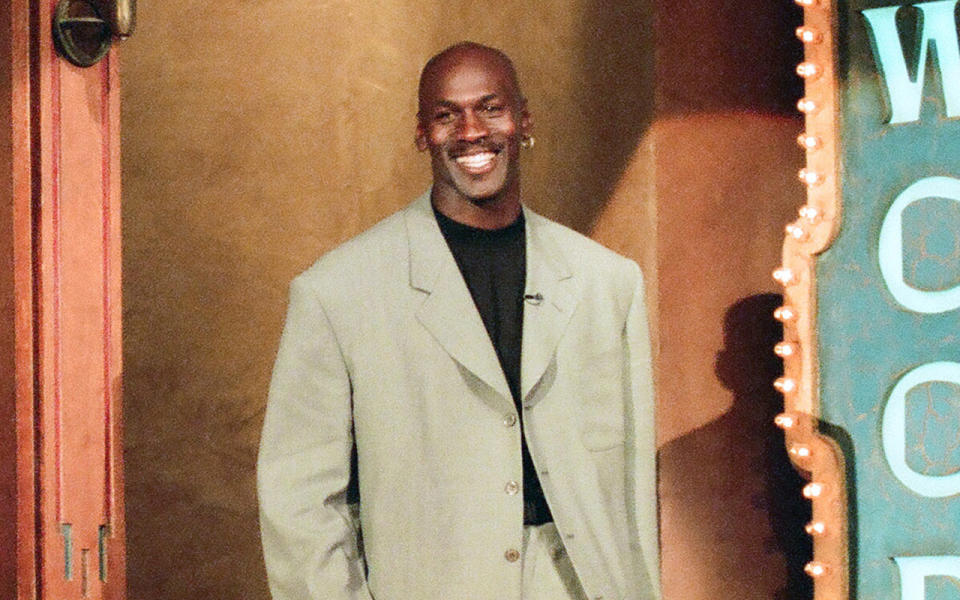 THE TONIGHT SHOW WITH JAY LENO -- Episode 1225 -- Pictured: (l-r) Professional basketball player Michael Jordan arrives on September 16, 1997 -- (Photo by: Joseph Del Valle/NBCU Photo Bank/NBCUniversal via Getty Images via Getty Images)