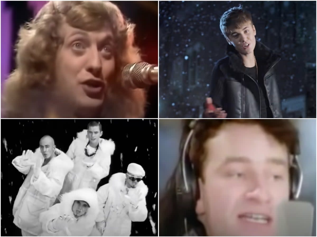 Clockwise from top left: ‘Merry Xmas Everybody’, ‘Mistletoe’, ‘Do They Know It’s Christmas’, ‘Stay Another Day’  (YouTube)