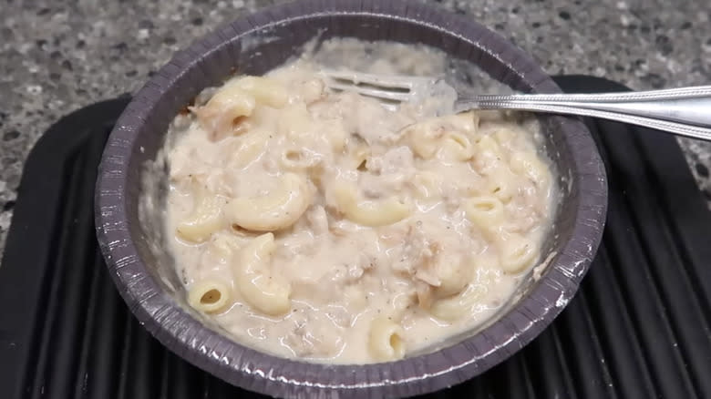 Frozen macaroni and cheese dinner with pork