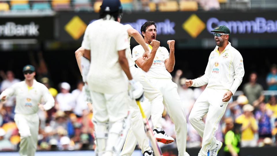 Mitchell Starc, pictured here celebrating the wicket of Rory Burns before it was overturned.