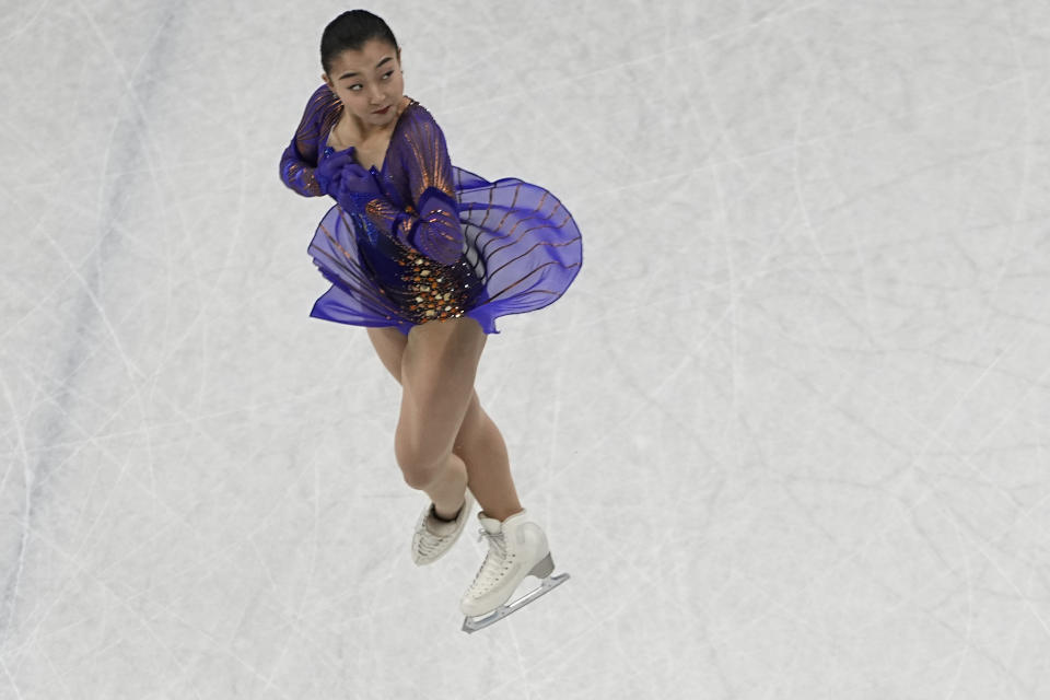 Kaori Sakamoto, of Japan, competes in the women's free skate program during the figure skating competition at the 2022 Winter Olympics, Thursday, Feb. 17, 2022, in Beijing. (AP Photo/Jeff Roberson)