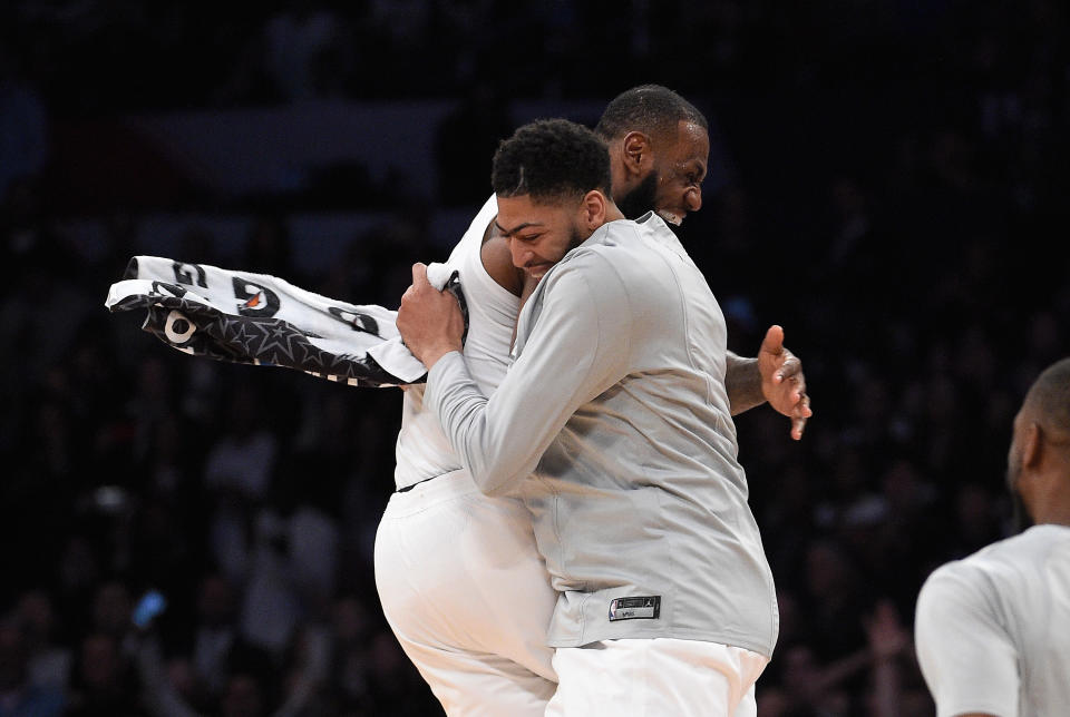 LOS ANGELES, CA - FEBRUARY 18:  LeBron James #23 of Team LeBron celebrates with teammate Anthony Davis #23 after the end of the NBA All-Star Game 2018 at Staples Center on February 18, 2018 in Los Angeles, California. Team LeBron won the game 148-145. (Photo by Kevork Djansezian/Getty Images)