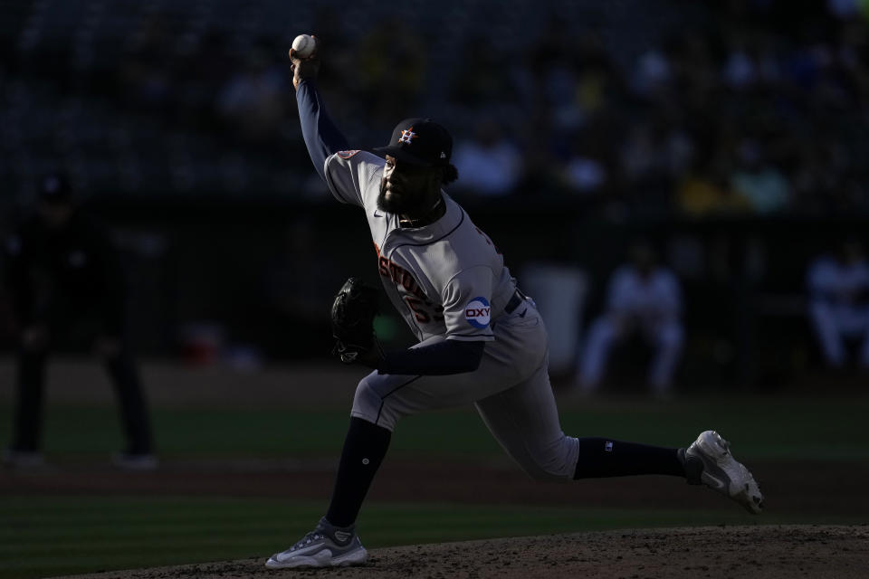 Houston Astros pitcher Cristian Javier works against the Oakland Athletics during the second inning of a baseball game in Oakland, Calif., Saturday, July 22, 2023. (AP Photo/Jeff Chiu)