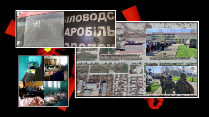 <div class="inline-image__caption"><p>Evacuation buses covered in bullet holes, civilians waiting for evacuation near Mariupol, and screenshots of video detailing the living conditions experienced by the detained civilians in Bezimenne.</p></div> <div class="inline-image__credit">Luis G. Rendon/The Daily Beast/Getty/Centre for Information Resilience</div>