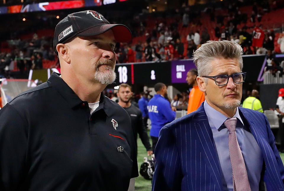 Atlanta Falcons team owner Arthur Blank announced on Friday that head coach Dan Quinn, left, and general manager Thomas Dimitroff will be retained for the 2020 season. (Kevin C. Cox/Getty Images)