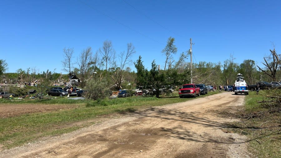 Damage in Sherwood, which was placed under a tornado emergency during the storms. (May 8, 2024)