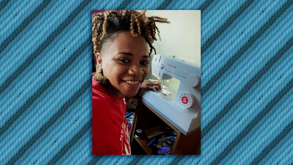 Liselle Ferdinand at work on her sewing machine in Brooklyn, New York. (Photo: Illustration: HuffPost; Photo: Courtesy Liselle Ferdinand)