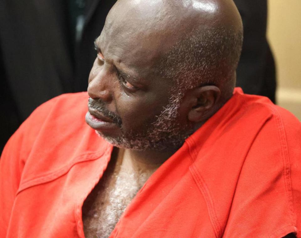 Sidney Holmes, 57, cries after he was exonerated in a Broward County courtroom on Monday, March 13, 2023. Holmes served more than 34 years of a 400-year sentence for a 1988 armed robbery.