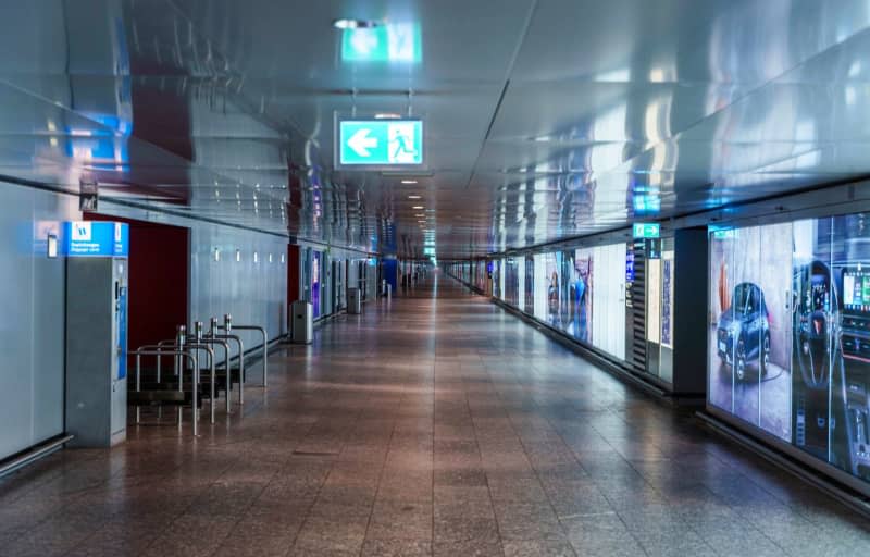 A long corridor to Terminal 1 is deserted at Frankfurt Airport, one of 11 major German airports that have started a one-day strike. Andreas Arnold/dpa