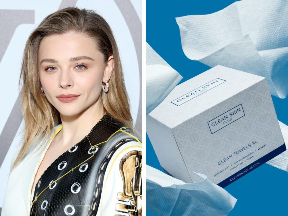 Chloe Grace Moretz on left; Clean Skin Club Towels on right