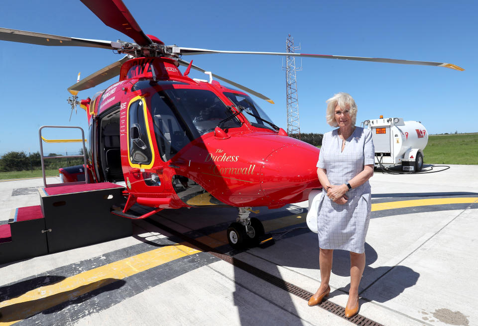 The Duchess of Cornwall during a visit to Cornwall Air Ambulance Trust's base in Newquay to launch the new "Duchess of Cornwall" helicopter, while on a three day visit to Cornwall with the The Prince of Wales.