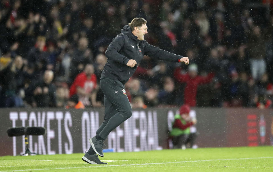 Southampton manager Ralph Hasenhuttl celebrates after the final whistle of the game against Arsenal during the English Premier League soccer match at St Mary's Stadium in Southampton, England, Sunday Dec. 16, 2018. (Adam Davy/PA via AP)