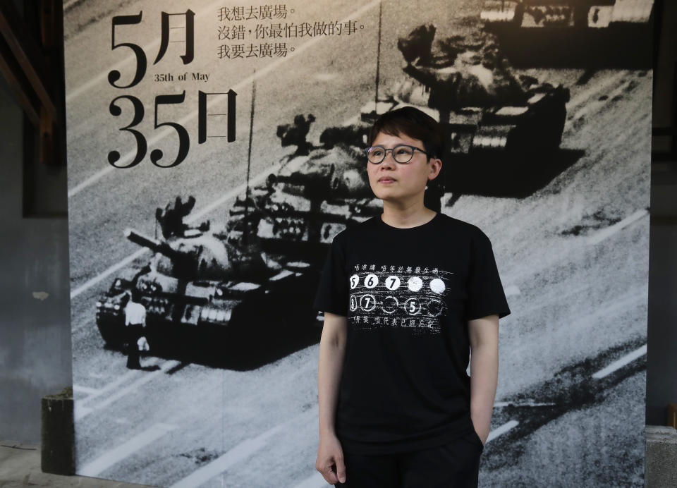 Lit Ming-wai, chairwoman of a now-disbanded art group that used to stage drama performances related to the crackdown in Hong Kong, poses during an interview with The AP in Taipei, Taiwan, Thursday, June 1, 2023. This Sunday, June 4, 2023 will mark the 34th anniversary of China's 1989 crackdown on pro-democracy protesters at Beijing's Tiananmen Square. Though local commemoration appeared to be muted, many members of the Hong Kong diaspora are committed to keeping the flames alive overseas. (AP Photo/Chiang Ying-ying)