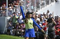 Paula Reto, of South Africa, celebrates after winning the the Canadian Pacific Women's Open golf tournament in Ottawa, on Sunday, Aug. 28, 2022. (Justin Tang/The Canadian Press via AP)