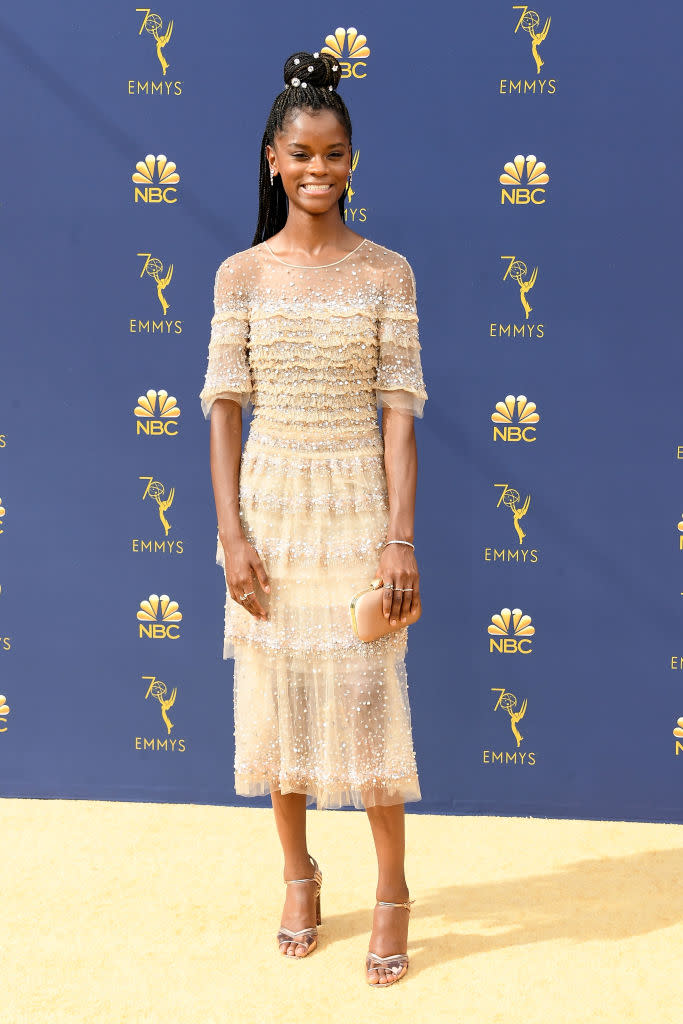 <p>Letitia Wright attends the 70th Emmy Awards at Microsoft Theater on Sept. 17, 2018, in Los Angeles. (Photo by Steve Granitz/WireImage) </p>
