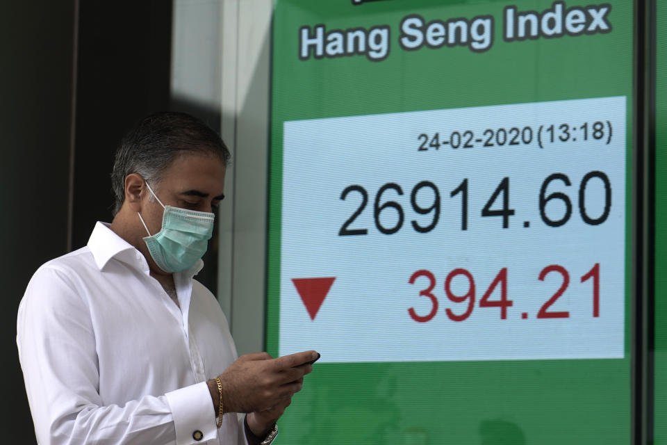 A man walks past an electronic board showing the Hong Kong share index outside a local bank in Hong Kong, Monday, Feb. 24, 2020. Shares are falling in Asia after reports of a surge in new virus cases outside China. South Korea's Kospi led the decline on Monday, falling 3%, while benchmarks also fell in Sydney, Hong Kong and Shanghai. (AP Photo/Kin Cheung)