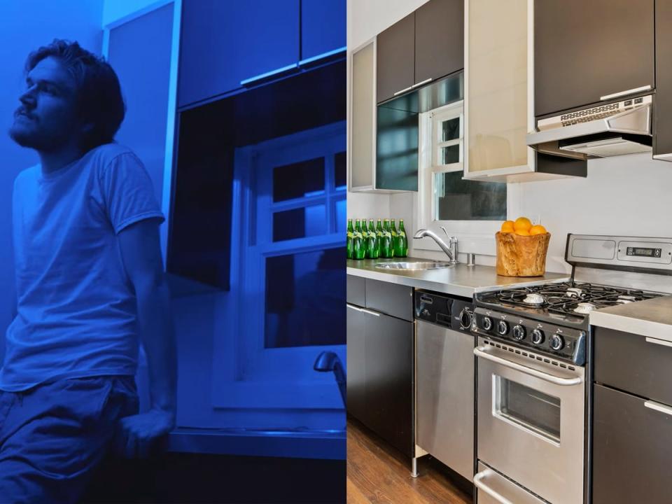 A side by side image of writer-director Bo Burnham in "Inside" and a real estate photo of the kitchen where the special was filmed.