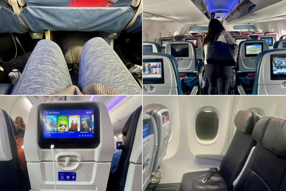 Collage of American, Delta, and United cabins with headrests and seatback screens.