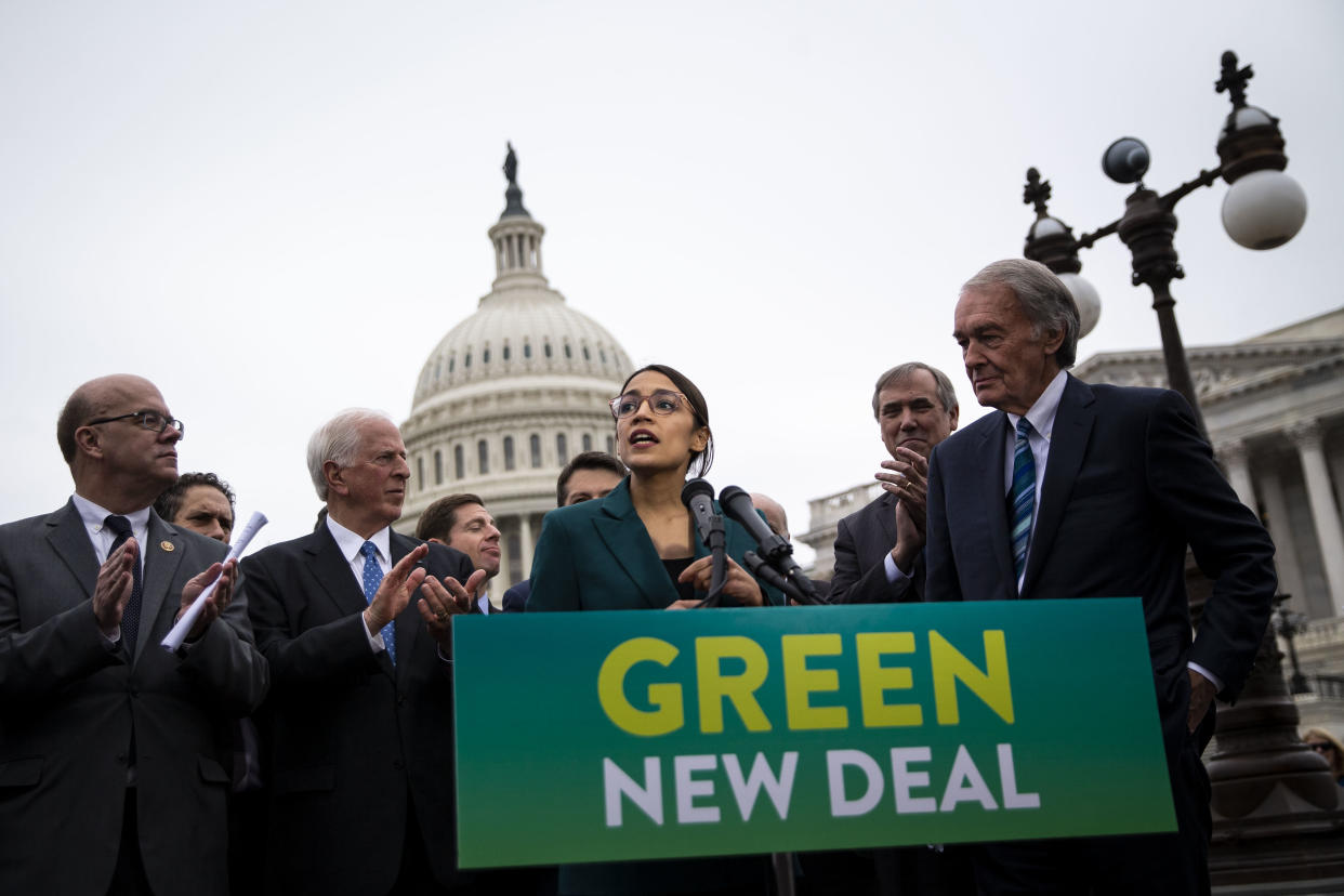 Rep. Alexandria Ocasio-Cortez (D-N.Y.) announced her Green New Deal resolution last Thursday in front of the Senate.&nbsp; (Photo: Bloomberg via Getty Images)