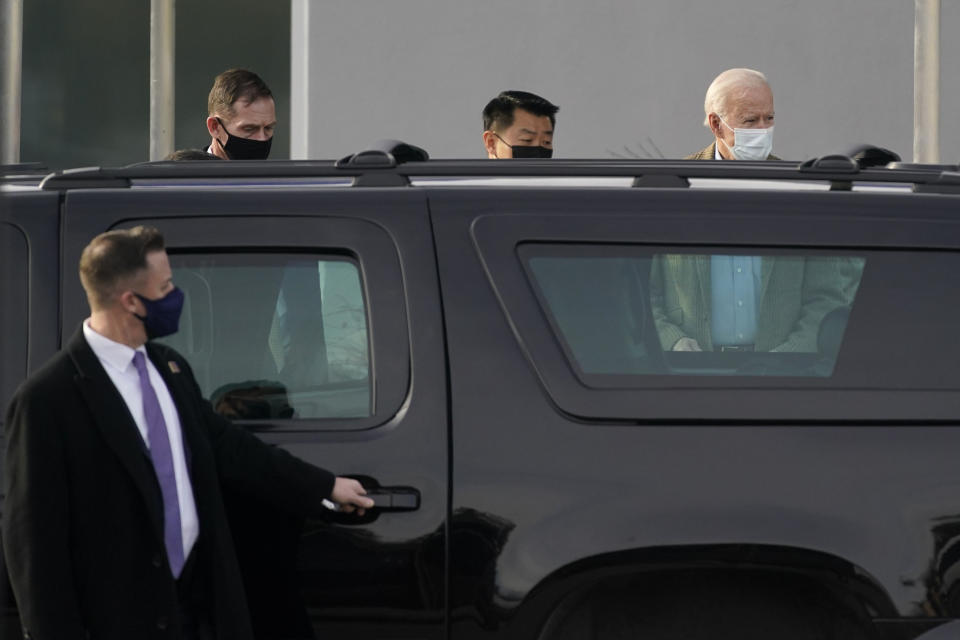 President Joe Biden walks to a motorcade vehicle as he departs an orthopaedic appointment, Saturday, Feb. 6, 2021, in Newark, Del. Biden fractured his right foot while playing with one of his dogs in November. (AP Photo/Patrick Semansky)