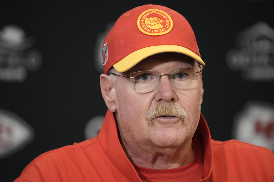 Kansas City Chiefs head coach Andy Reid speaks during a news conference following an NFL football game against the Los Angeles Chargers Sunday, Oct. 22, 2023, in Kansas City, Mo. The Chiefs won 31-17. (AP Photo/Charlie Riedel)