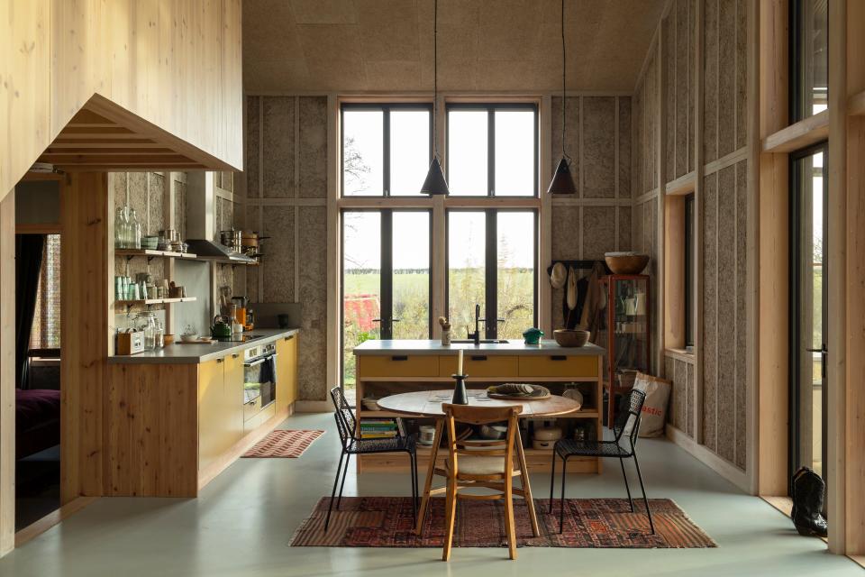 Flat House, a Material Cultures three-bedroom house situated at Margent Farm, a rural R&D facility that develops bioplastics made with hemp and flax. Timber and hempcrete are among the materials used.