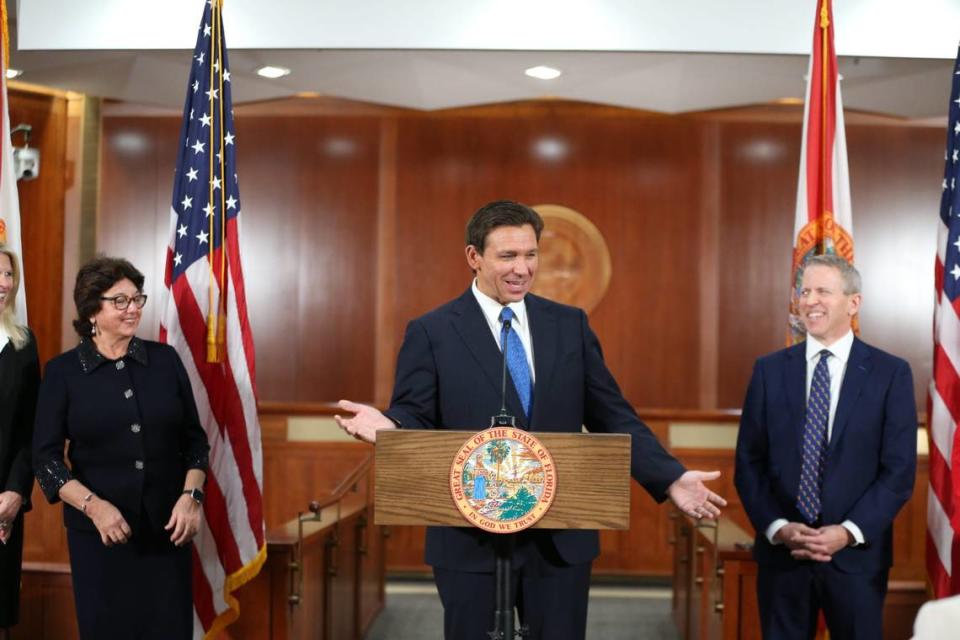 Gov. Ron DeSantis gives his assessment of the 2023 Florida legislative session, in the Cabinet room of the Capitol in Tallahassee on Friday, May 5, 2023.