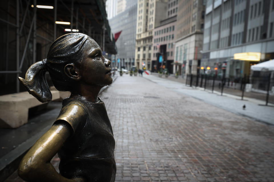 NEW YORK, USA - MARCH 29: Fearless Girl Statue by the New York Stock Exchange building is seen at the Financial District in New York City, United States on March 29, 2020. New York is ranked as one of the largest International Financial Centres ("IFC") in the world, now seen so quiet due the Covid-19 pandemic. (Photo by Tayfun Coskun/Anadolu Agency via Getty Images)