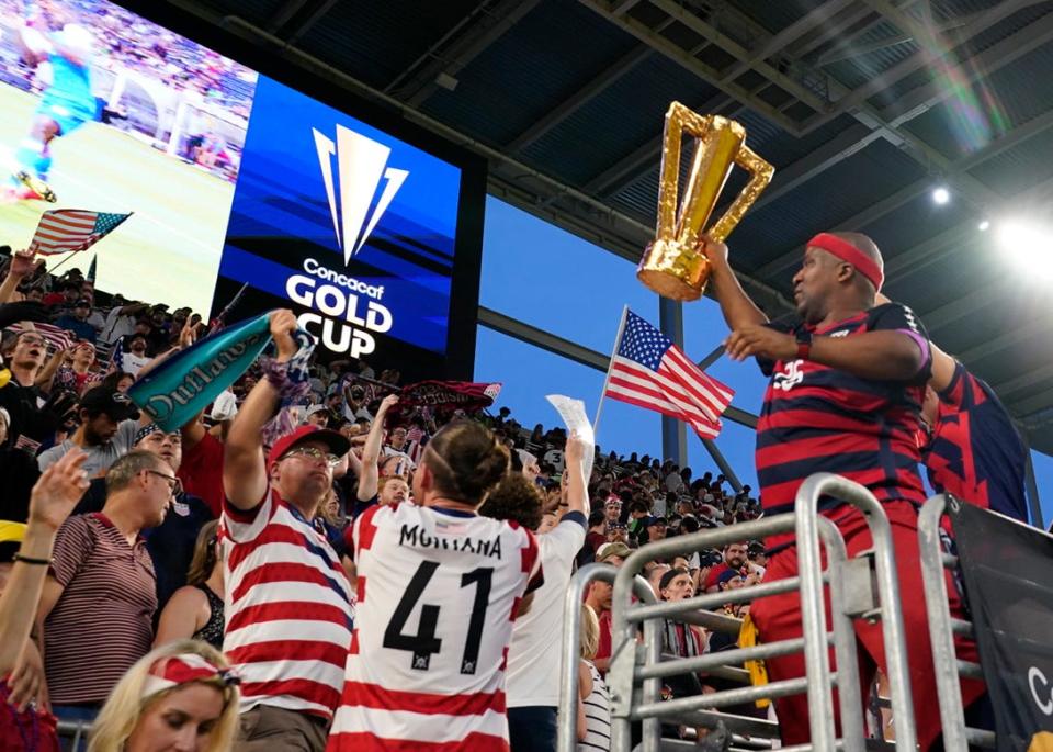 United States fans celebrate after victory over Qatar in a Concacaf Gold Cup semifinal match at Q2 Stadium in Austin, Texas.