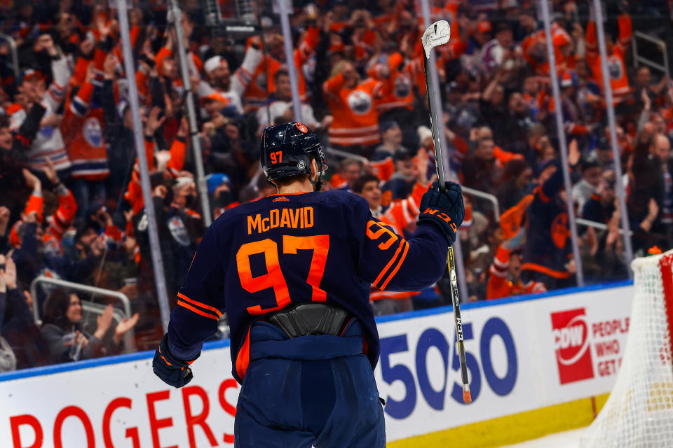 EDMONTON, AB - MARCH 19: Edmonton Oilers Center Connor McDavid (97) celebrates a goal in the third period during the Edmonton Oilers game versus the Arizona Coyotes on March 28, 2022 at Rogers Place in Edmonton, AB. (Photo by Curtis Comeau/Icon Sportswire via Getty Images)