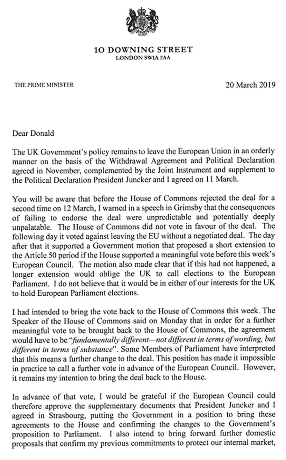 Theresa May's letter to Donald Tusk (AFP/Getty Images)