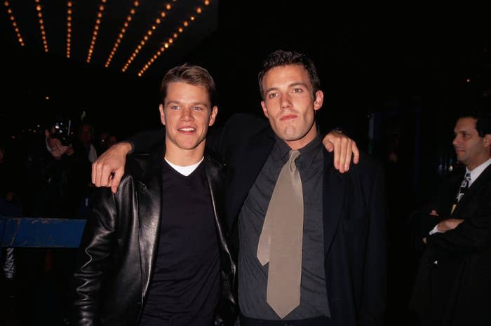 Closeup of Matt Damon and Ben Affleck with their arms around each other's shoulders